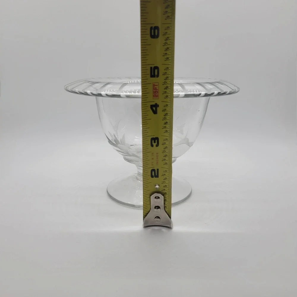 Vintage Etched Glass Footed Bowl Floral Butterfly Frosted Striped Rim Compote‎